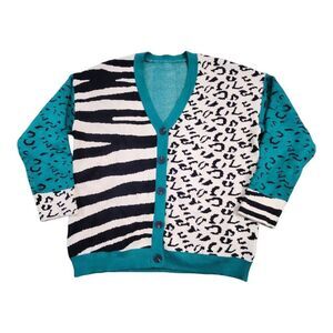 NWOT Women 80s 90s Cheetah Zebra Green Animal Print Buttons Cardigan Size Medium
